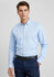 A light blue men's button-up long sleeve shirt worn with navy trousers, featuring a logo on the chest.