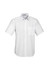 A white short sleeve button-up shirt with a pocket and a collar, featuring a logo on the label.