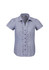 A short sleeve button-up shirt featuring a striped pattern and ruffled front detail. It has a logo on the design.
