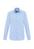 A light blue long sleeve button-up shirt with a chest pocket and a logo.