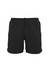 Black sports shorts featuring an elastic waistband and side pockets, complete with a branding logo.