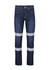 Men's blue stretch jeans featuring reflective strips on the legs, designed for workwear use and equipped with a logo.