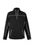 A black mid-layer jacket with white detailing, featuring a half zipper and two front pockets. It has a logo.