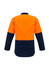 A hi-vis spliced shirt in orange and navy blue, featuring long sleeves and a logo on the fabric.