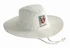 A white Poly Cotton Slouch Hat featuring a logo on the front and a chin strap for added security.