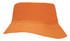 An orange breathable poly twill bucket hat with a wide brim, featuring a logo.