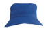 A blue breathable poly twill bucket hat with a wide brim and a logo. Ideal for infants.