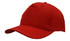 A red poly twill cap with a curved brim and an adjustable strap at the back. It features a logo.