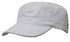 A white military cap featuring a flat brim and a logo. Suitable for sports and casual wear.