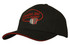 A black cap with red sandwich trim and an embroidered logo featuring an accordion design.