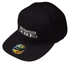 A black cap featuring a logo on the front and a distinctive snapback styling.