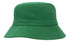 A green bucket hat with a wide brim and two grommets, featuring a simple design.
