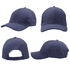 A navy blue cap with a snapback closure, featuring front, side, and back views and a logo on one side.