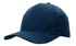 A navy blue cap with a rounded crown and a stiff brim. Features a branding logo.