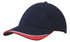 A navy cap with a red peak and white detailing, featuring a logo on the front.