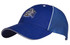A blue cap featuring a mesh back and a logo on the front, designed for promotional use.