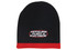 A two-tone acrylic beanie in black with a red band and a logo on the front.
