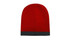 A two-tone acrylic beanie in red with a grey rolled edge, featuring a logo.