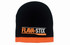 A black cable knit beanie with an orange band at the base and a logo on the front.