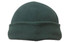 A dark green micro fleece beanie with a folded cuff and a simple design. It features a branding logo.