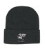 A dark grey beanie featuring a logo and a folded cuff.