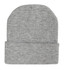 A grey acrylic beanie with a folded cuff, featuring a seamless design and soft texture.