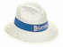 A straw hat in off-white with a blue band, featuring a branding logo on the band.
