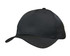 A black cap with a curved brim and a smooth fabric finish, featuring a logo on the front.