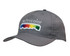 A grey cap featuring circle perforations, with an embroidered logo in rainbow colours.