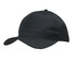 A black cap with a curved brim and breathable poly twill fabric, featuring circular perforations and a logo.