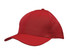 A red cap with tear drop perforations and a logo on the front.