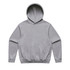 A grey hoodie featuring a front pocket and a hood, with a logo on the chest area.