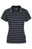 A navy and white striped polo shirt with a collar and short sleeves, featuring a logo.