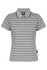 A grey polo shirt with horizontal stripes, a collar, and a logo on the chest. Features short sleeves and buttons.