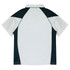 A polo shirt featuring a combination of white, black, and grey, with short sleeves and a collar. It includes a logo.