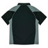 A dark green and grey polo shirt featuring a logo on the back.