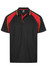 A black polo shirt with red and yellow accents, featuring a collar and a logo.