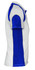A polo shirt with a white body and blue sleeves, featuring a logo on the chest.