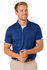 A blue polo shirt with short sleeves and a white collar, featuring a logo. Suitable for men's casual wear.