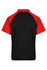A polo shirt featuring a black body with red sleeves and a logo on the back.