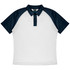 A navy and white polo shirt featuring a collared neckline and short raglan sleeves. It has a logo on the chest.
