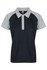 A polo shirt in navy and light grey with a button-up front and a logo on the collar.