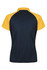 A navy and yellow polo shirt featuring a collar and short sleeves, with a logo present on the garment.