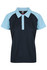 A navy and light blue polo shirt with a collared neckline and buttons, featuring a logo on the chest.