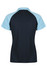 A navy and light blue polo shirt featuring a contrasting design and a logo on the back.