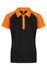A black polo shirt with orange accents and a logo on the left side. Short sleeves and a classic collar design.