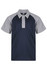A navy and grey polo shirt featuring a collared neckline and short sleeves, with a logo on the label.