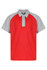A red and grey polo shirt with a collar and three buttons, featuring a logo on the chest.