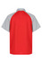 A red and grey polo shirt with short sleeves, featuring a back view and a logo.