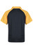 A black and yellow polo shirt featuring a classic collar and short sleeves, with a brand logo present.